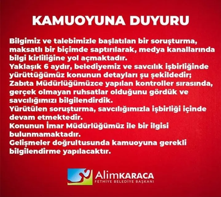 FETHİYE  BELEDİYESİNDEN KAMUOYUNA