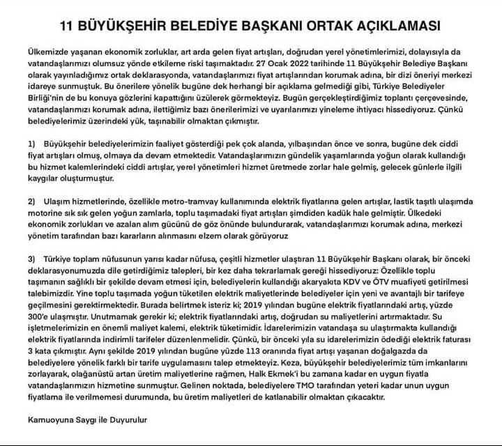 11 BÜYÜKŞEHİR BELEDİYESİNDEN KAMUOYUNA