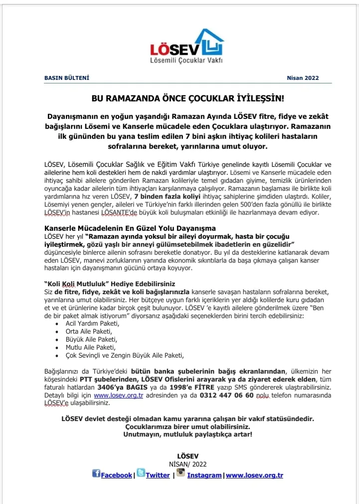 BASIN BÜLTENİ ” BU RAMAZANDA ÖNCE ÇOCUKLAR İYİLEŞSİN”